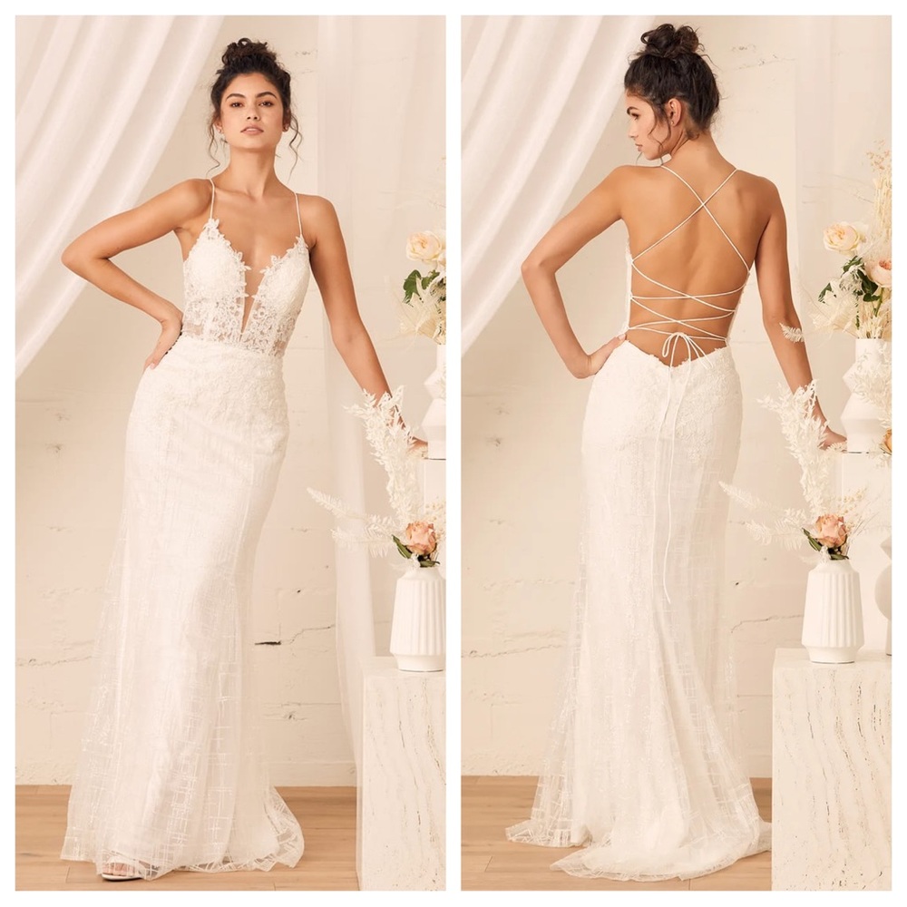 NWOT Lulus Luxe Wonderstruck White Glitter Embroidered Lace Maxi Dress